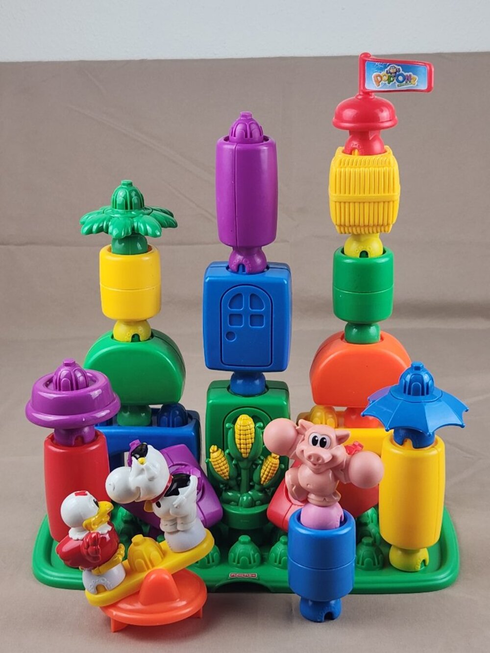 Vtg Fisher Price Pop Onz Building Blocks Farm Animals Cow Pig Chicken Barnyard